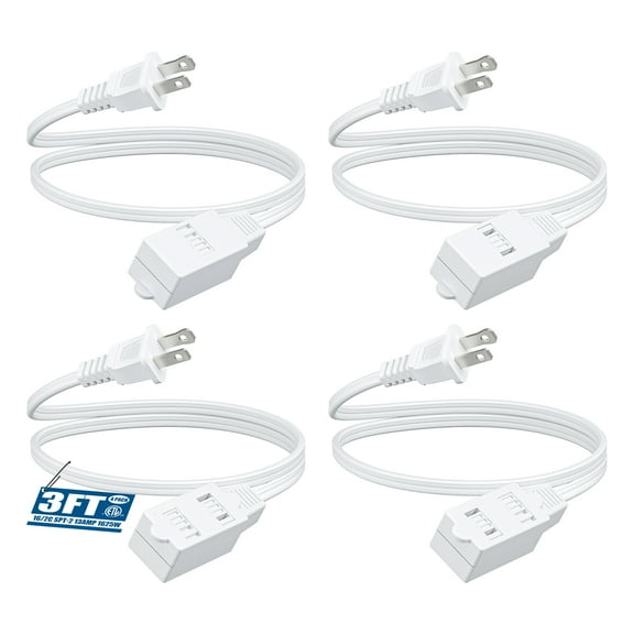 DEWENWILS 4 Pack 3FT Extension Cords for Indoor 2 Prong 3 Outlets with Safety Cover 16 AWG SPT-2 Power Strip Cable ETL Listed