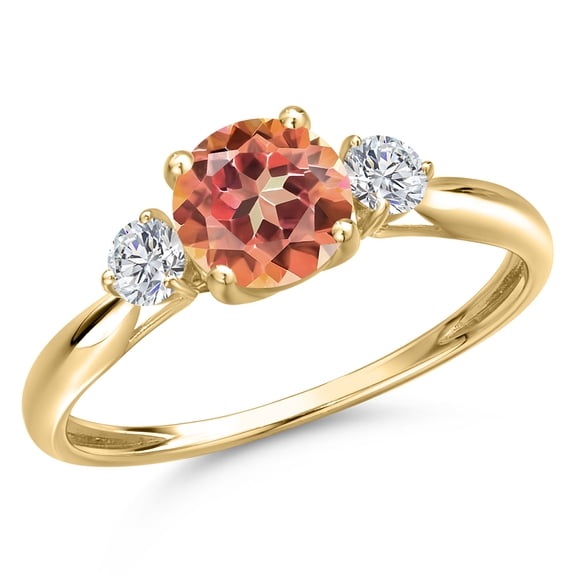 Gem Stone King 10K Yellow Gold Ecstasy Mystic Topaz and Lab Grown Diamond 3-Stone Ring for Women | 1.22 Cttw | Round 6MM | Gemstone November Birthstone | Size 7
