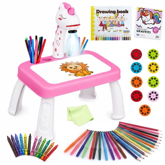 Rirool Drawing Projector for Kids, Pink Unicorn Art Tracing Table with 9 Discs 72 Patterns 36 Colors, Wipe-Clean Drawing Board Educational Art Set Gift for Girls Boys Ages 3-5
