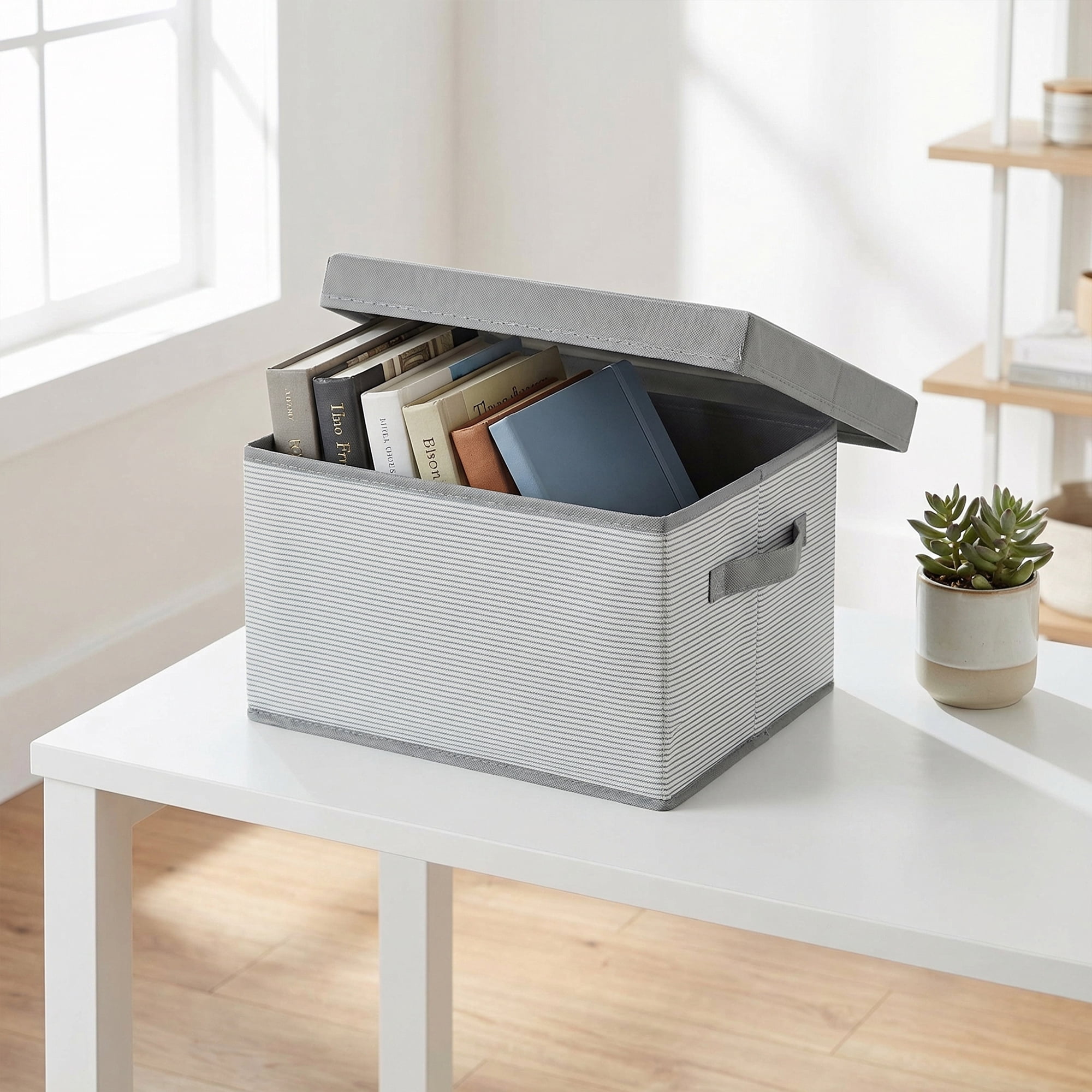 Unique Bargains Fabric Storage Bin with Handles and Lid Grey 15.7*11.8*9.8in