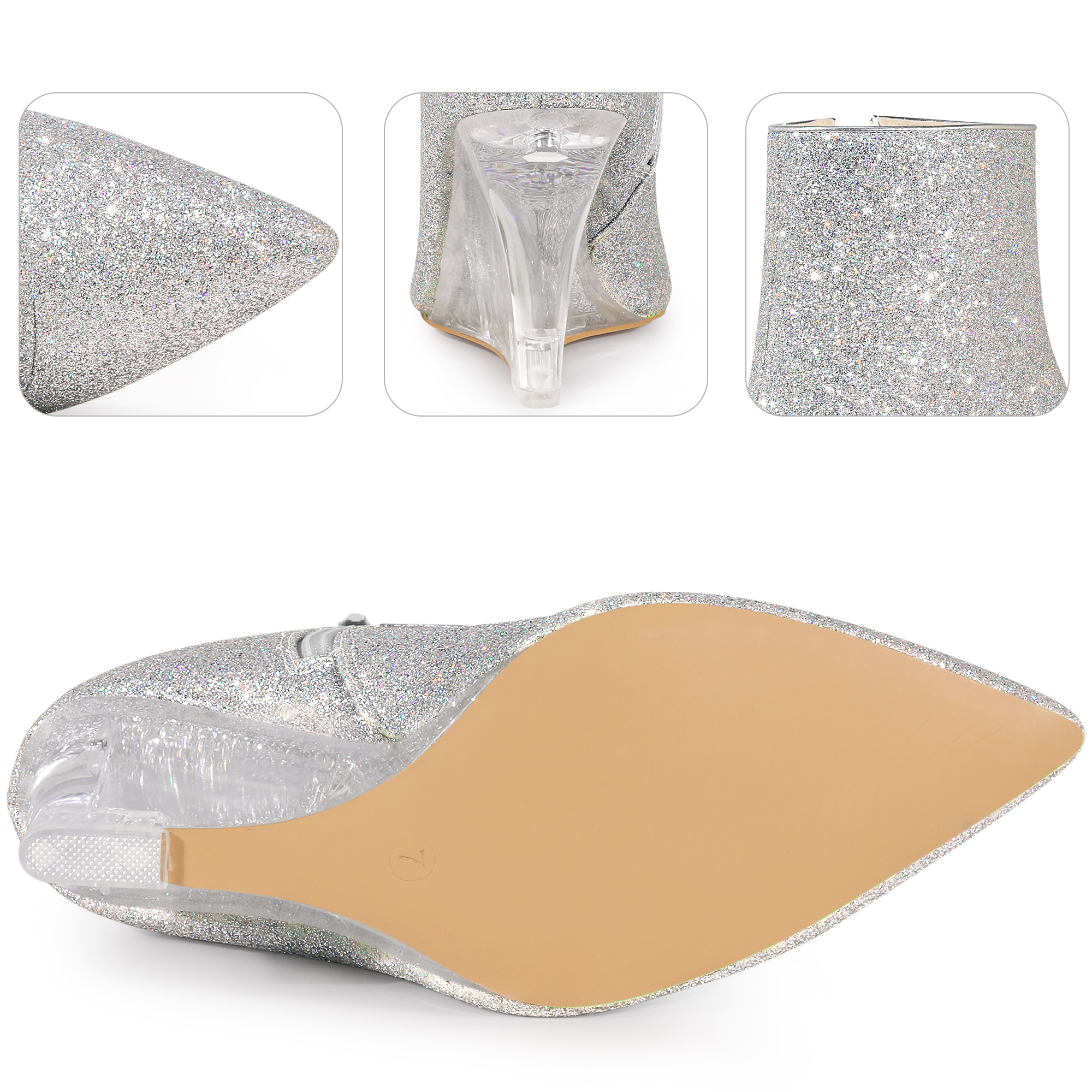 DARING DIVA Women's Sequin Pointed Toe Clear Wedge Heels Ankle Boots Silver US 8