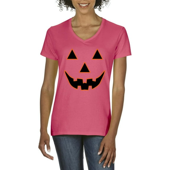 MmF - Women's T-Shirt V-Neck Short Sleeve - Halloween Jack O' Lantern Pumpkin Face