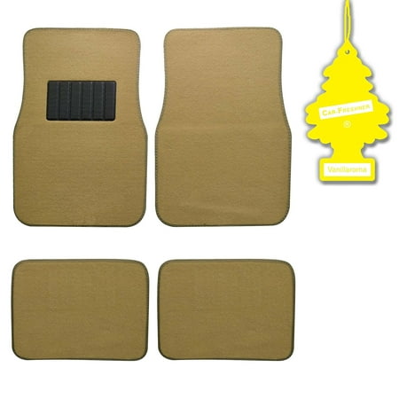 Light Beige 4 Pc Universal Carpet Car Mats w/ Heel Pad + Little Tree Vanilla, Protects against spills, stains, dirt and debris. By