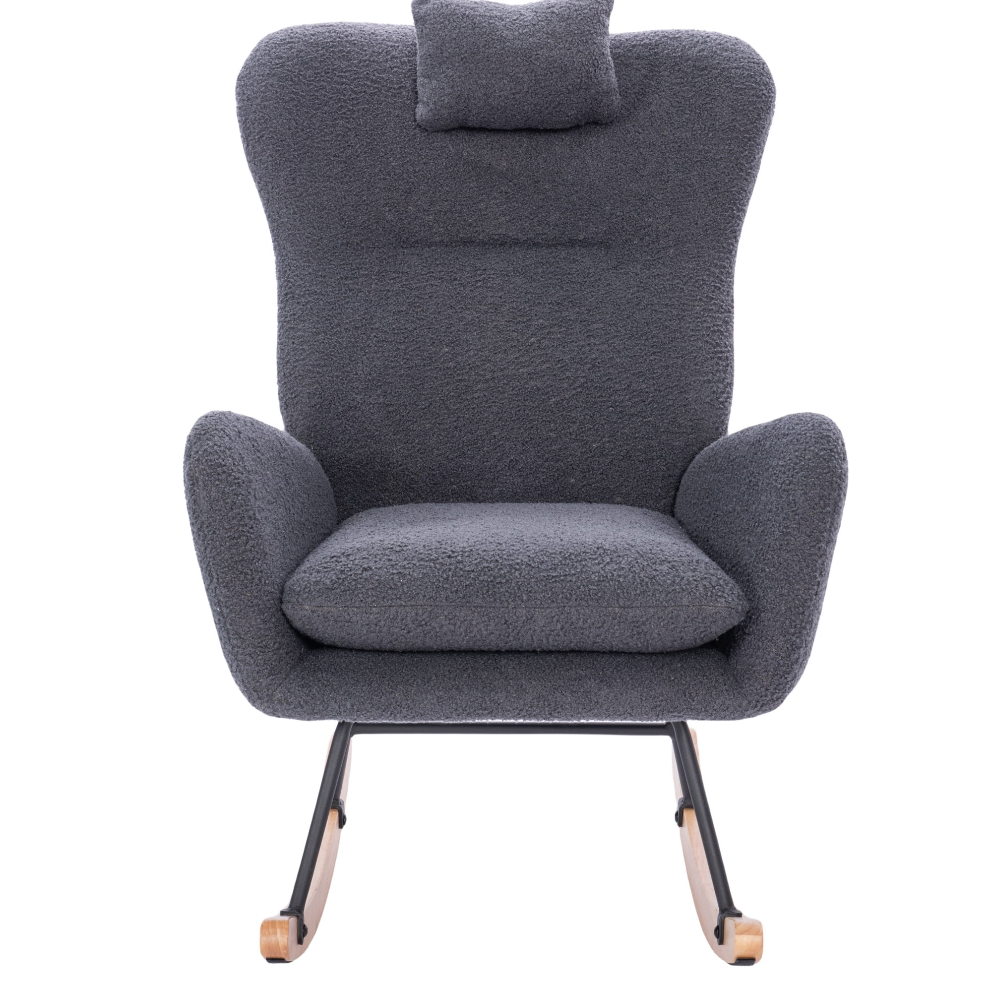 Teddy Upholstered Nursery Rocking Chair, High Back Soft Fabric Rocker for Breastfeeding, Living Room, Bedroom, Grey