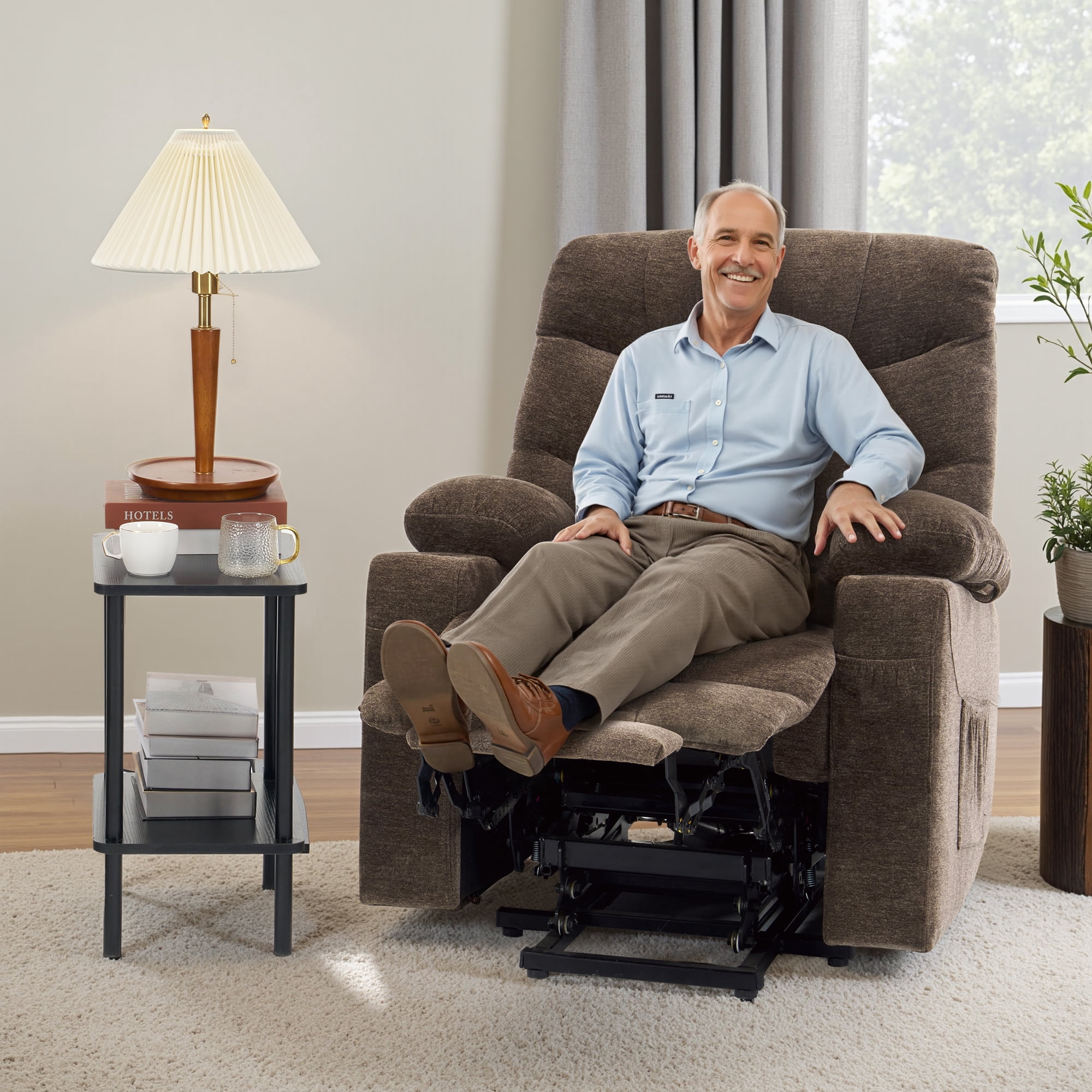 MCombo Large Power Lift Recliner Chair with Extended Footrest for 5'7"-6'2" Elderly People, Fabric, Brown