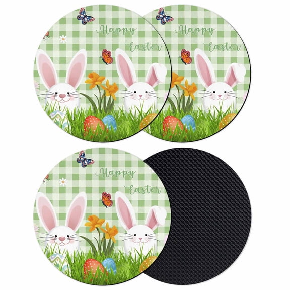Easter Bunny Coasters Set of 4, Absorbent Coasters for Drinks, Spring Easter Eggs Floral Sage Green Plaid Coaster for Desk Coffee Table Protection, Home Decor House Warming Gifts 4"
