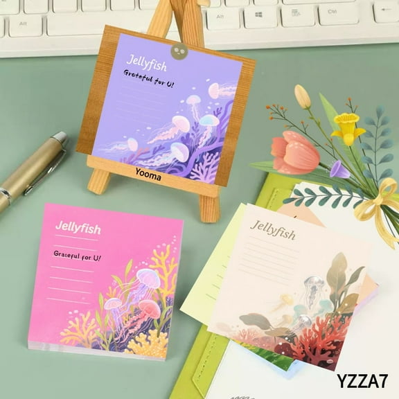 100-pack 3.54x3.54 Inch Note Cards,Pastel Jellyfish Notepads - Adorable Stationery for Daily Use -105 Round Stickers Tapes Included, Exquisite Mini Cards for Emotional Notes