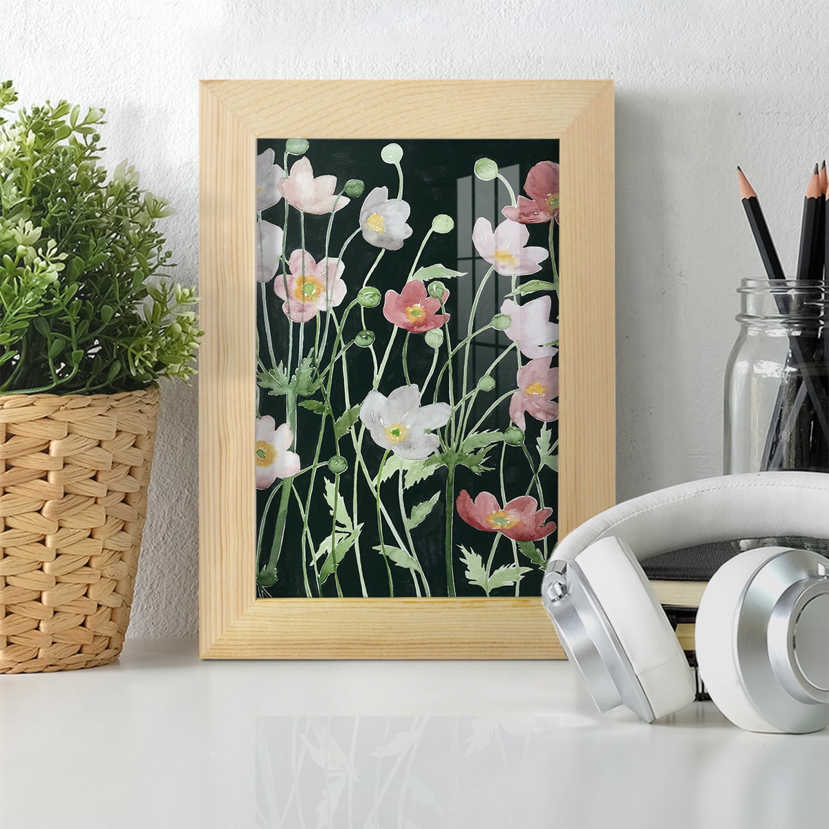 Anemone Dance I -Framed Print w/glass-Natural Wood