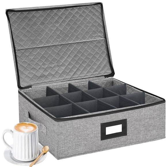 Boîte de Rangement pour Tasses à Café avec Séparateurs, Contenants de Rangement en Chine Durables pour Tasses à Café, Organisateur de Rangement pour Tasses à Thé avec Couvercle, Poignées, Fenêtre d'Étiquette, H