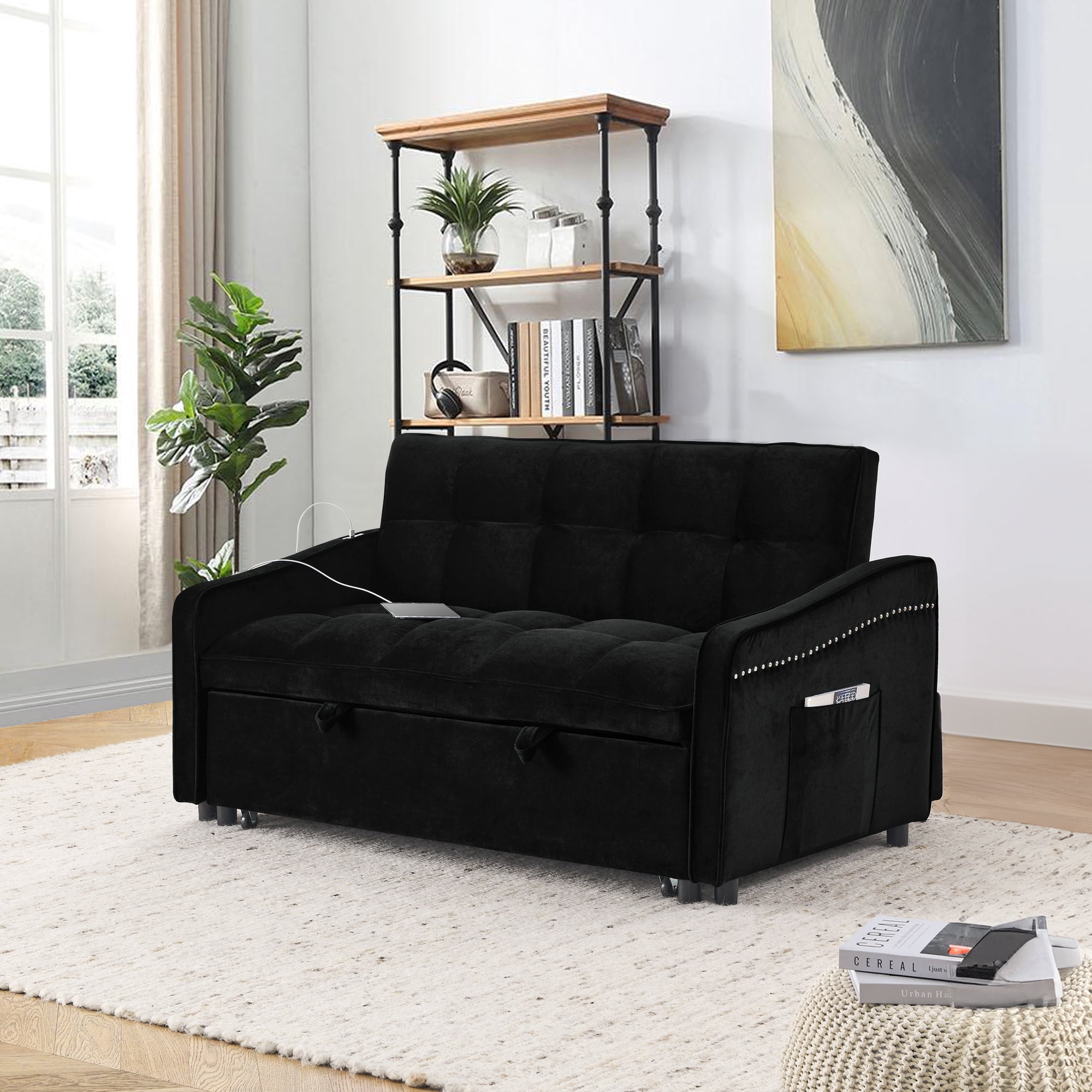 Lunale Pull Out Sofa Bed, Loveseat Sleeper with USB/Type-C, Adjust Back, Convertible Sleeper Sofa for Living Room/Apartment, Black Velvet