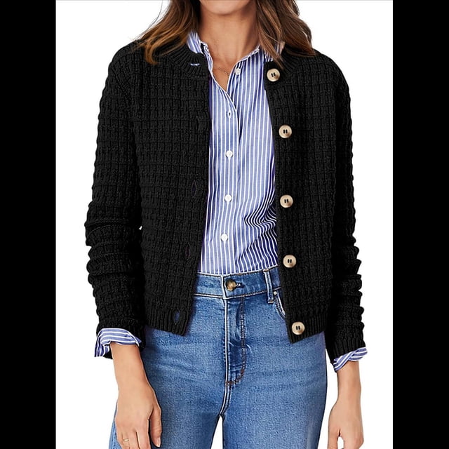 Cárdigan de Punto para Mujer, Informal, de Larga, con Botones, Abierto, Moderno, para Exteriores Negro M
