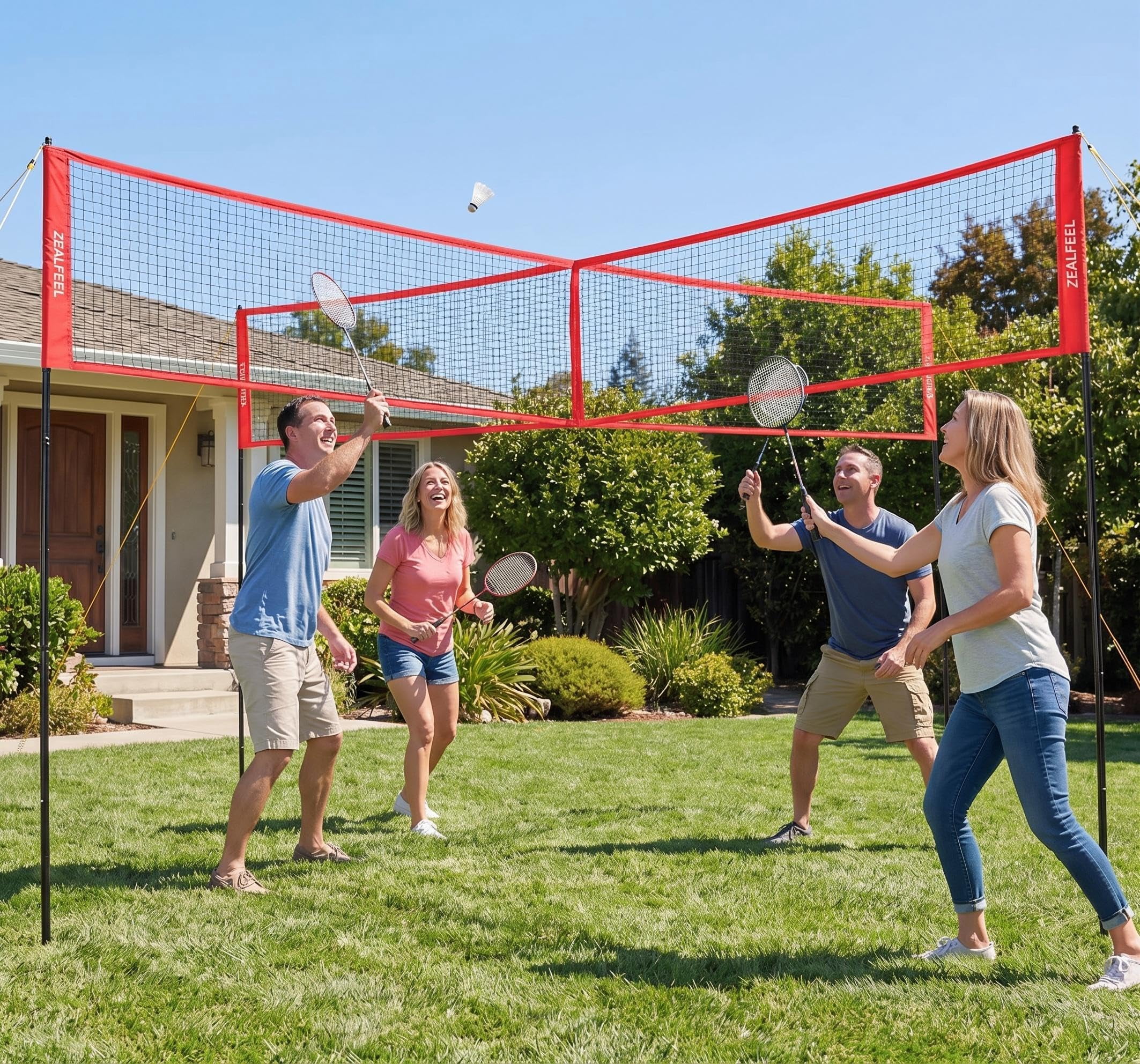 14FT 4-Square Cross Volleyball Net System with 3 Adjustable Heights, PE Outdoor Multiplayer Game Set with Ball, Pump & Carry Bag, Black/Red
