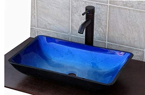XN Oval Tempered Glass Bathroom Blue Vessel Sink Washroom Hotel Basin Faucet Set 