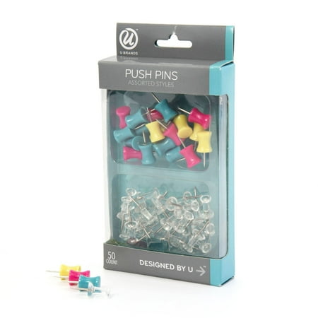 Gemstone Color Push Pins - U Brands Push Pins, Clear Red Yellow and Turqoise Plastic Head, Steel Point, Pop Spring Fashion Colors, 50-Count