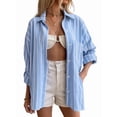 thumbnail image 3 of Womens Striped Oversized Button Down Shirts Long Sleeve Collared Blouses Shackets for Women Blue S, 3 of 9