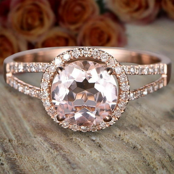 Limited Time Sale Antique Halo 2 Carat 6mm Round Cut Morganite and Diamond Moissanite Halo Engagement Ring with 18k Gold Plating