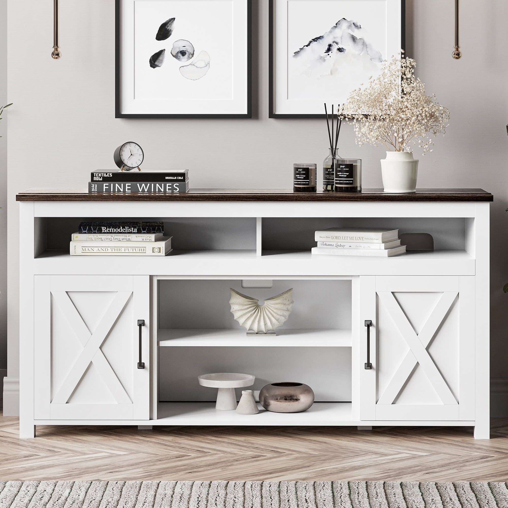BELLEZE 58 Inch TV Stand, Contemporary Entertainment Center for TVs up to 65", Wood Media Console Table with Two Open Shelves and Barn Door Cabinets - Corin (White)