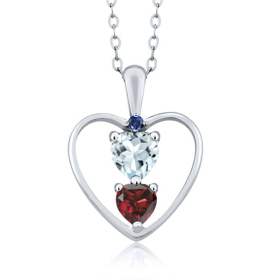 925 Sterling Silver Sky Blue Aquamarine Red Garnet and Blue Created Sapphire Pendant Necklace for Women (0.75 Cttw, Gemstone March Birthstone, Heart 5MM and 4MM, with 18 inch Silver Chain)