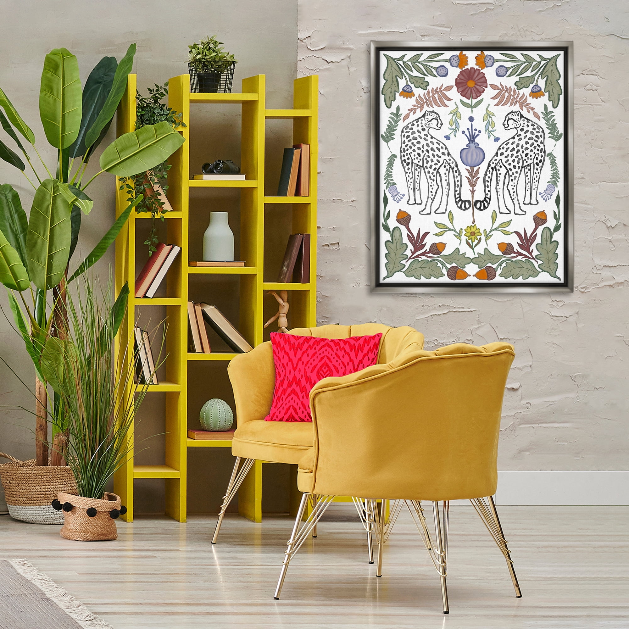Stupell Industries Mirrored Plants with Leopards Animals Painting Gray Floater Framed Canvas Art Print Wall Art, 25 x 31