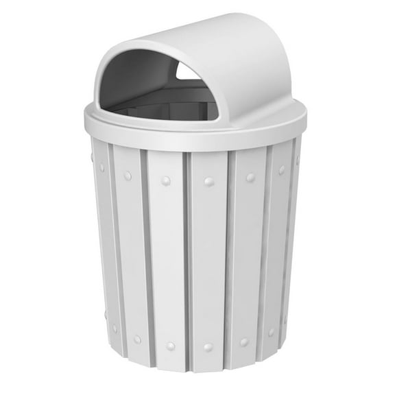 Sturdy Essentials 42 Gallon Slated Circle 100% Recycled Plastic Heavy Duty Outdoor Trash Can with Open Dome Lid and Internal Liner - White
