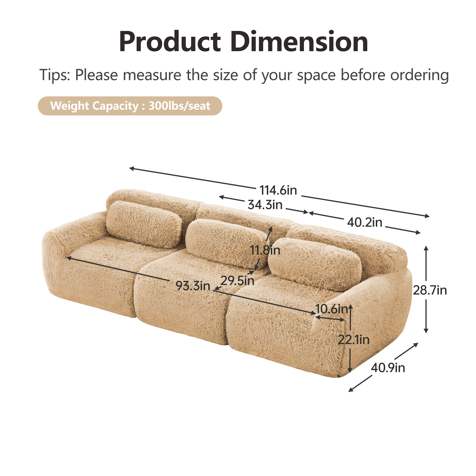 Aukfa 115" Faux Fur Modular Sectional Sofa, 3-Seater Deep Seat Boneless Couch for Living Room, Camel