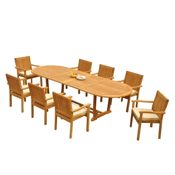 Grade-A Teak Dining Set: 8 Seater 9 Pc: 118" Mas Oval Trestle Leg Table And 8 Leveb Stacking Arm Chairs Outdoor Patio WholesaleTeak #51LV2709