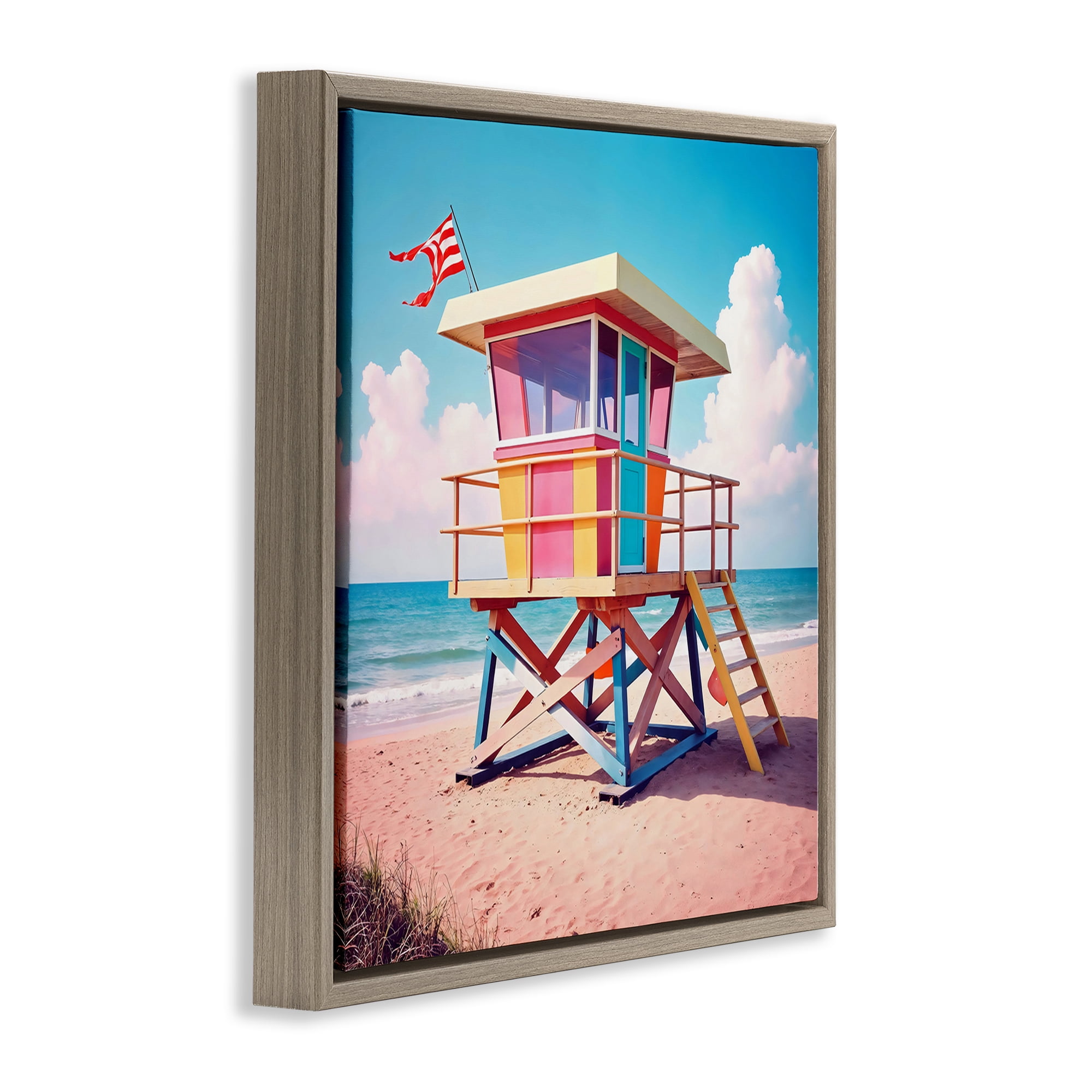 Stupell Industries Colorful Sunny Beach Tower Brown Framed Floater Canvas Wall Art, design by Creative Studio