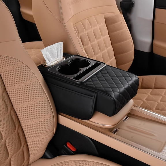 5-in-1 Car Armrest Pad with 2 Storage Pockets, Cup Holder, Tissue Box Slot, and Phone Slot, for Optimal Automotive Space Utilization. Multifunctional PU Leather Car Armrest Box Mat