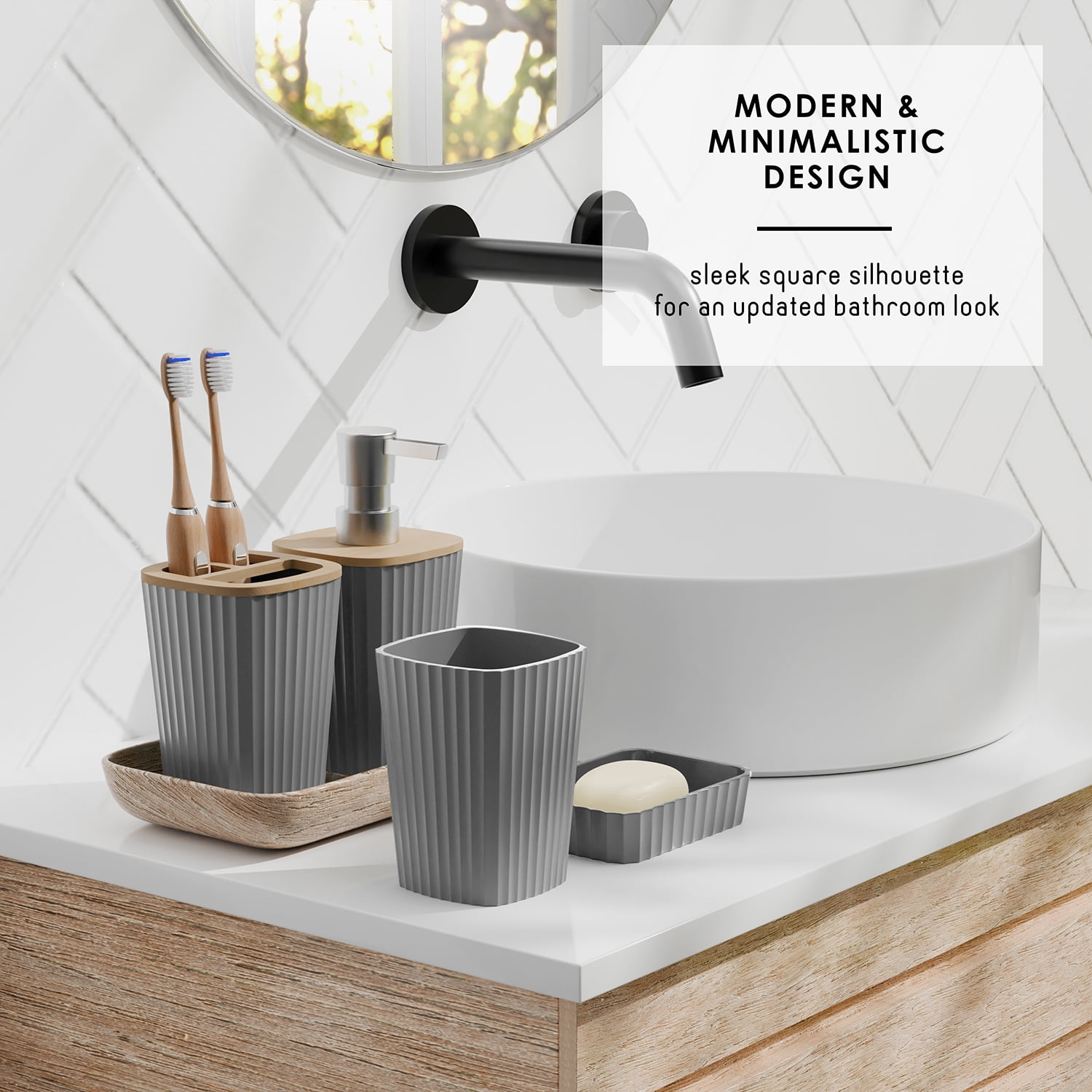 Virtu 20 Piece Bamboo Bathroom Sets, Gray Bathroom Accessories Sets for Minimalistic Bathroom Décor