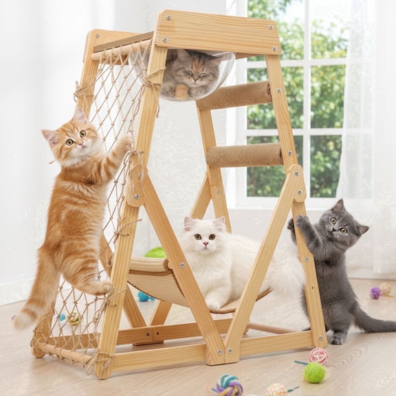AIWFL Cat Hammock with Acrylic Cat Nest, Cat Tower for Indoor Cats with Straching Post Climbing Web and Danging Sisal Ball, Cute Solid Wood Cat Tree