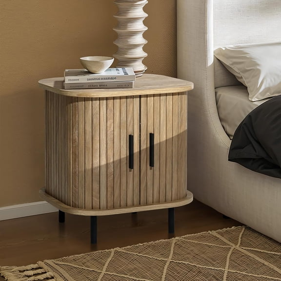 LuxenHome Mid Century Modern Nightstand with Storage, Small Fluted Nightstand with Sliding Door, Boho Bedside Table with Curved Edge, Oak Night Stand, Side Tables Bedroom