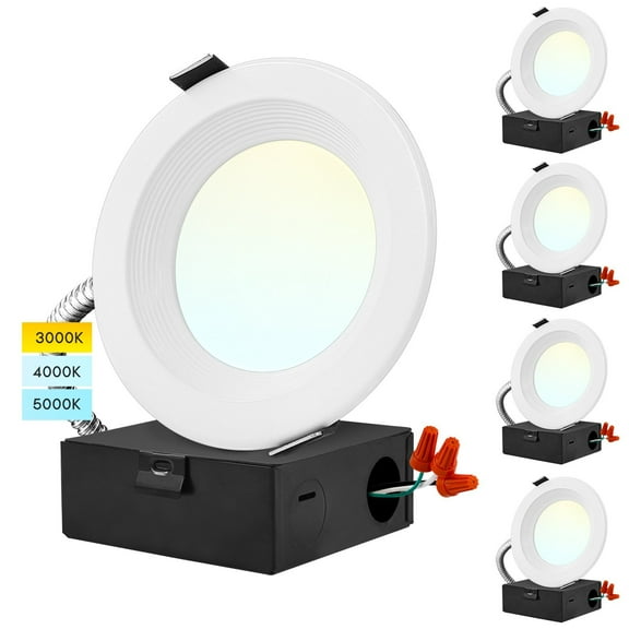 Luxrite 4 inch Commercial LED Recessed Light J-Box, 9/12/15W, 3 Color Selectable 3000K-5000K, IC Rated, Wet Rated 4-Pack