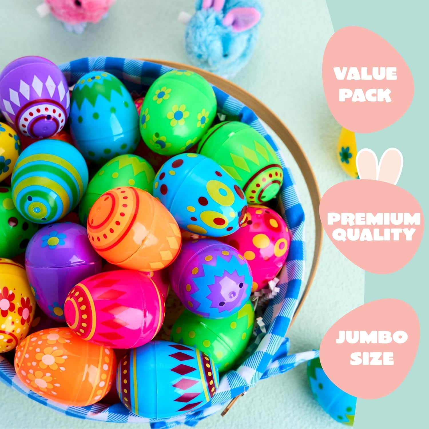 Joyfy 100 Pcs Plastic Printed Easter Eggs, 2.3" Fillable Empty Easter Eggs for Easter Hunt, Basket Stuffers Fillers, Classroom Prize Supplies, Filling Treats and Party Favor