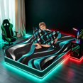 thumbnail image 4 of Manfei Gradient Stripes Twin Sheets, Shiny Abstract Lines Bedding, Teal, Black and Silver, Black Reversible 3pcs1 Flat Sheet + 1 Fitted Sheet + 1 Pillowcase, 4 of 6