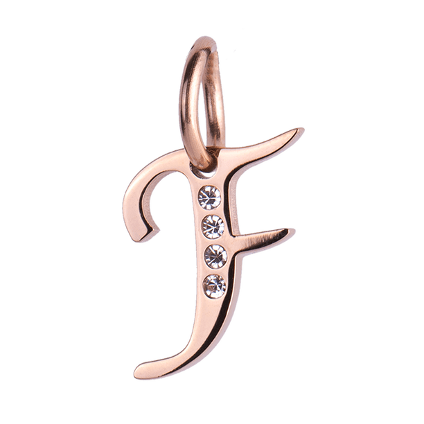 Charm para Pulsera LuckyLy, Dije Inicial Letra A, Acero Inoxidable con Baño de Oro Rosa 18k y Zirconia Cúbica, Modelo Lizzy rosa Letra F