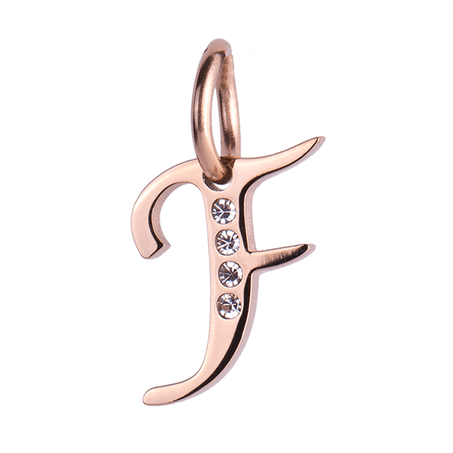 Charm para Pulsera LuckyLy, Dije Inicial Letra A, Acero Inoxidable con Baño de Oro Rosa 18k y Zirconia Cúbica, Modelo Lizzy rosa Letra F