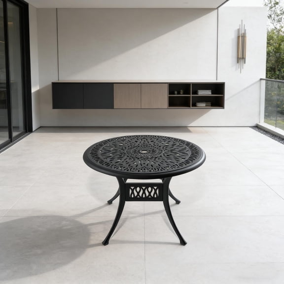 35.4" Round Cast Aluminum Outdoor Dining Table with Black Frame and Umbrella Hole, Patio Table for Garden or Deck