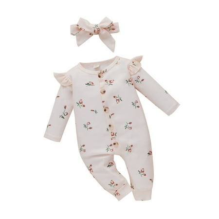 

Frobukio Kids Infant Baby Girls Long Sleeve Romper with Headband Flower Print Ruffle Cotton Spring Jumpsuit Apricot 9-12 Months