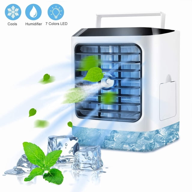 Mini Air Conditioner Fan, Portable Air Cooler Humidifier Desktop Spray Cooling Fan Personal Evaporative Air Cooler with 480ml Water Tank | 3 Wind Speed | 7 Colors LED Light , for Home Room Office