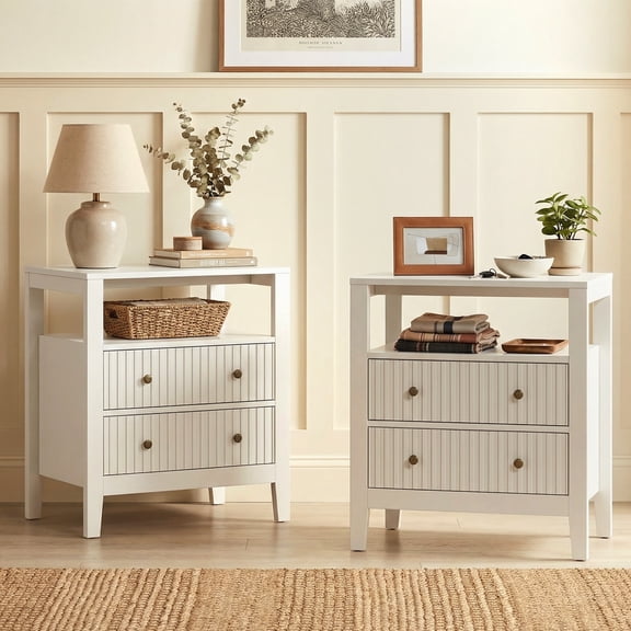 CozyHome Fluted Nightstand Set of 2, Modern Bedside Table with Charging Station, Side table with 2 Drawers and Open Shelf