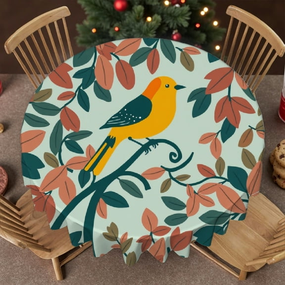 RKSupls 60 Inch Round Tablecloth, Boho Autumn Bird Leaf Polyester Table Cover - Soft, Stain Resistant & Washable Decor for Wedding, Party, Holiday, Home Dining