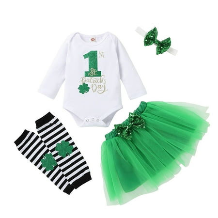 

Toddler Girl Romper Outfit White Baby Girls Outfit Set St Patrick s Day Clothes Long Sleeve Romper Bodysuit+Tutu Skirt+Headband+Leg Warmers 3-6 Months