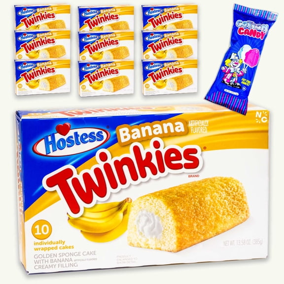 Hostess Banana Twinkies (10pks - 100ct) - Cotton Candy (1, 1.6oz bag) - Gourmet Snack Bundle - 11 Items Total