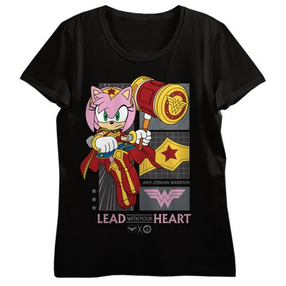 DC X Sega Amy Wonder Woman Symbols Stars Women's Black Crew Neck Short Sleeve T-shirt-Large