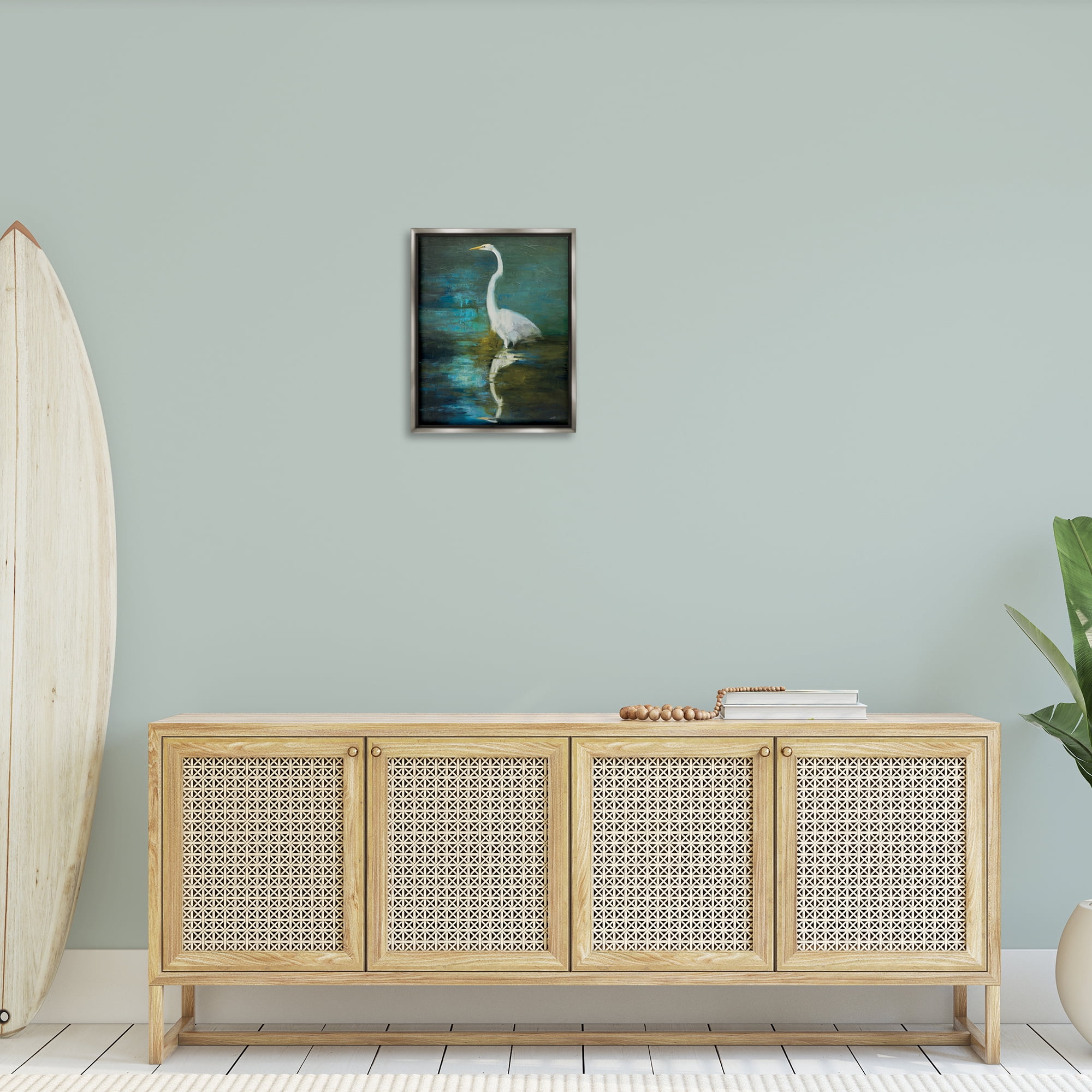 Stupell Industries Nautical Bird Lake Reflection Animals & Insects Painting Gray Floater Framed Canvas Art Print Wall Art, 17 x 21