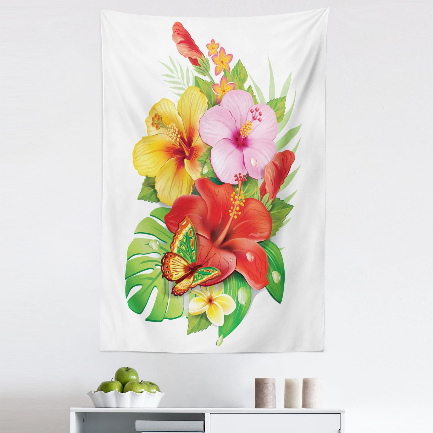 Hawaiian Tapestry, Bouquet of Colorful Hibiscus Flowers a Butterfly Blooming Plumeria Petals
