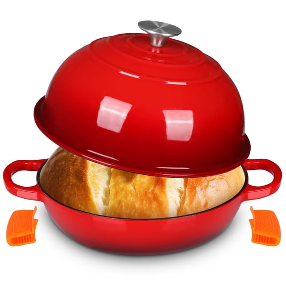 TLGREEN 6qt Enameled Cast Iron Dutch Oven for Bread Baking, Non-Stick Dome-Shaped Bread Oven Pot with Lid, Silicone Handles and Scraper, Easy Cleaning, Red