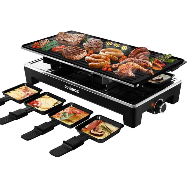 CUSIMAX Raclette Grill Table de Gril Électrique, Gril BBQ Coréen Portable 2 en 1 pour l'Intérieur et Ractlette au Fromage, Plaque Antiadhésive Réversible, Crêpière avec Contrôle de Température Réglable et 8 Palettes