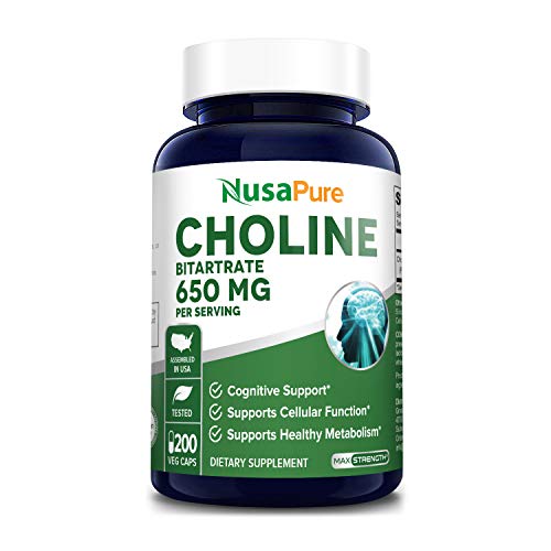 Choline Bitartrate 650 mg 200 Veggie Capsules ( Vegan, NonGMO & Gluten