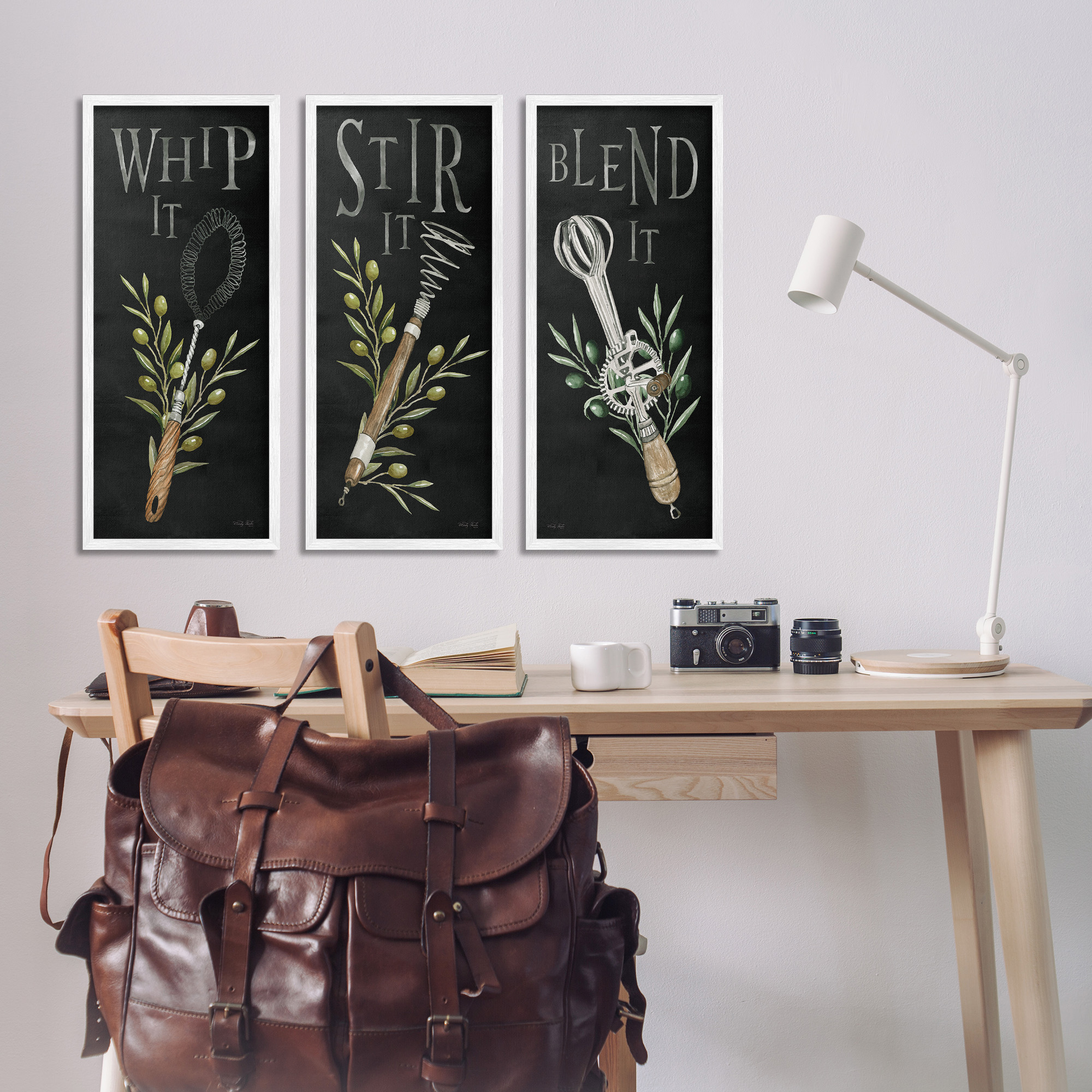 Stupell Industries Kitchen Utensils & Phrases Botanical & Floral Painting White Framed Art Print Wall Art, 10 x 24, Set of 3